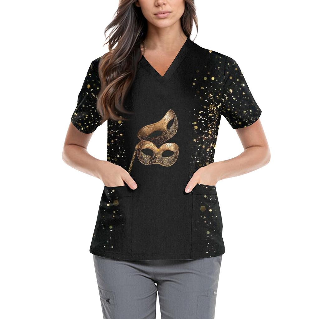 Women's Carnival Themed Outfit Party Mask Pattern Caregiver Top