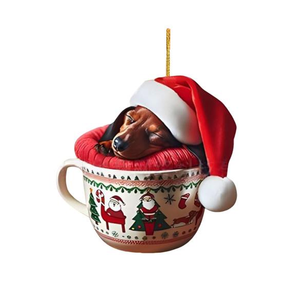 Рождественское украшение такса Щенок в кружке Украшение на рождественскую елку 2D акрил Такса Подвесной декор Подарки для любителей собак