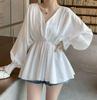 2025 Korean V-Neck Lantern Sleeve Waist-Cinching White Casual Chic Shirt for Women