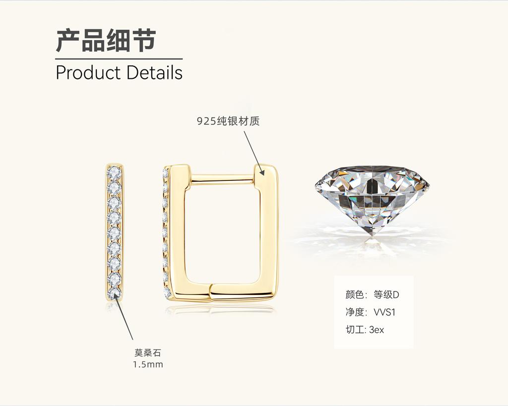 Silvere Glam Стиль Роскоши, Ощущение Высокого Класса, Квадратные Серьги с Муассанитами, Женский Нишевый Дизайнерский Тренд, Серьги из Стерлингового Серебра S925