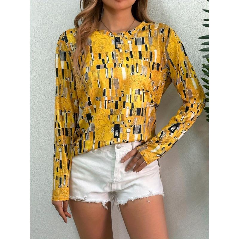 Women's T-shirt 3D Retro Marble Print Fashion Long Sleeve Round Neck Regular Top Holiday Weekend Spring Autumn