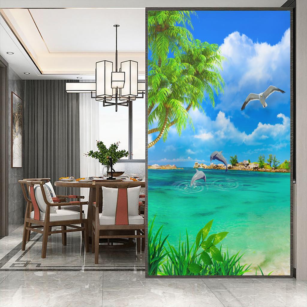 Privacy Windows Film Beautiful Scenery Stained Glass Window Stickers No Glue Static Cling Decorative Frosted Window Films