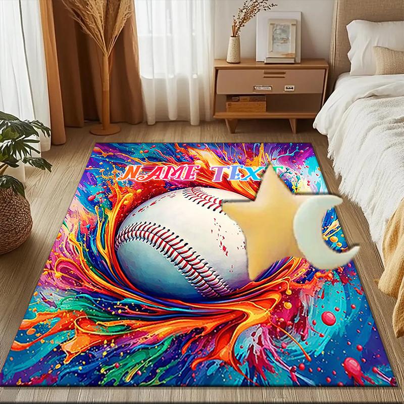 1PC Custom Name Baseball Firework Artwork Theme Floor Mat Ideal for Living Room, Game Rooms, Office, Bedroom,Floor Mat Playful Design