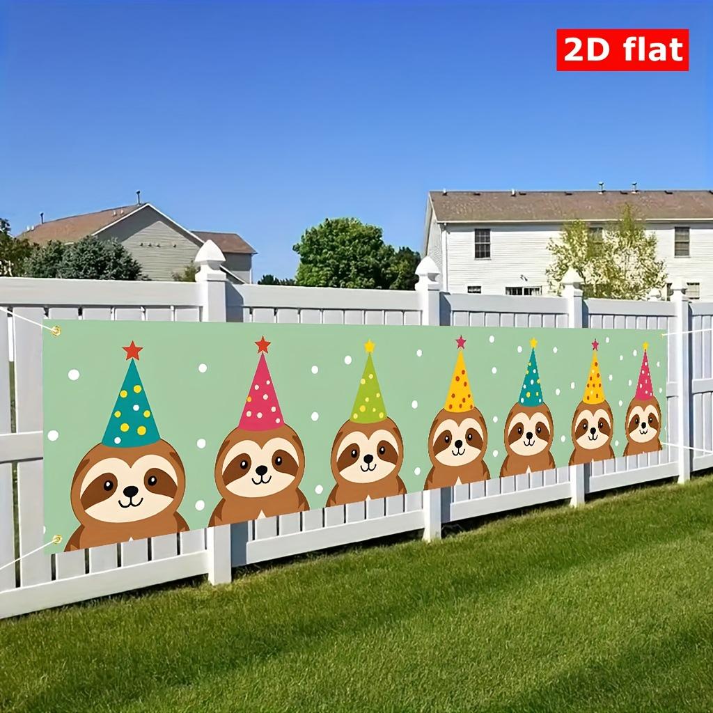 Group of Cartoon Sloths Wearing Party Hats Banner, Outdoor Backdrop Design, Polyester Birthday Anniversary Balcony Garden Decoration