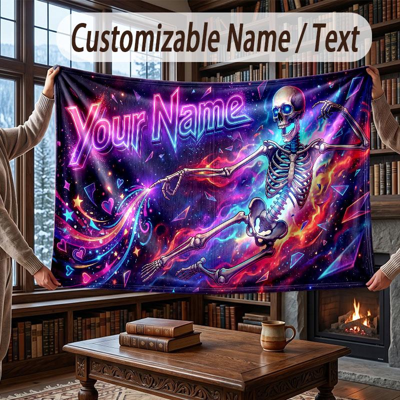 Skull Gothic Theme Throw Blanket Custom Name Text Personalized Blanket Soft Cozy Blanket for Home Sofa Bed