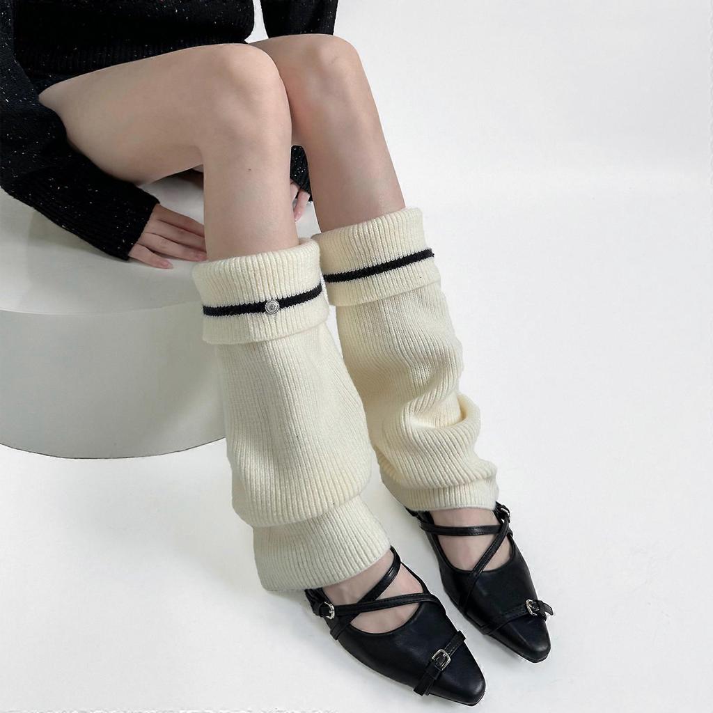 Women Korean Style Knitted Leg Warmers with Metal Button Elegant Turn Cuff Striped Boot Covers Flared Slouchy Calf Socks Gray