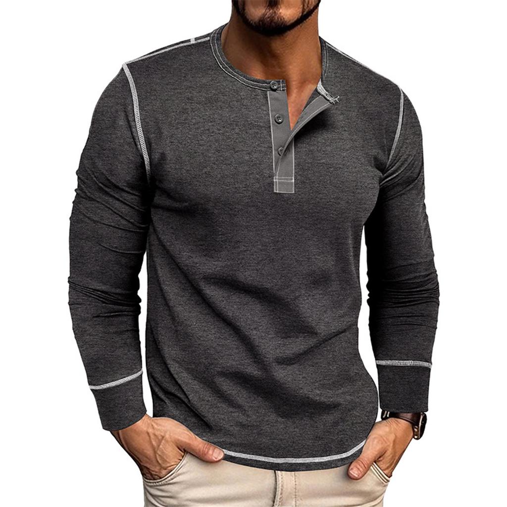 Men's Long Sleeve Shirt Men's Round Neck Button T-Shirt Color Block Top