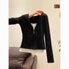 Women's Slimming Black Zipper Patchwork Long Sleeve T-Shirt for Autumn/Spring