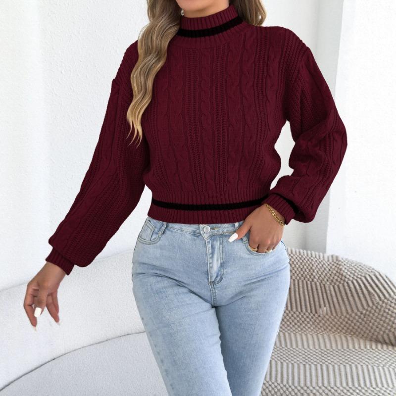 Women S Casual Color Block Half High Neck Waist Tightened Lantern Sleeve Sweater