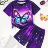 Летняя повседневная футболка с короткими рукавами и шортами для девочек с граффити и подсолнухом, комплект из 2 предметов, детская одежда