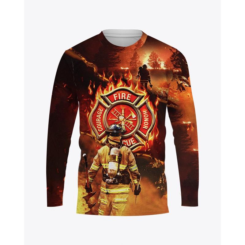 Осенняя мужская футболка с круглым вырезом и графическим принтом пожарного, повседневный пуловер большого размера с длинными рукавами, модная уличная мужская одежда