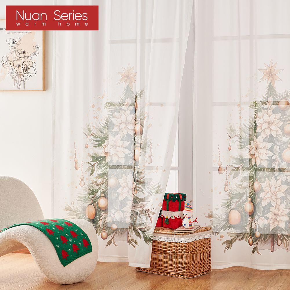 1PC Nuan Series Christmas Style Sheer Curtains Christmas Tree Pattern Printed Tulle for Kitchen Bedroom and Living Room Home Decor