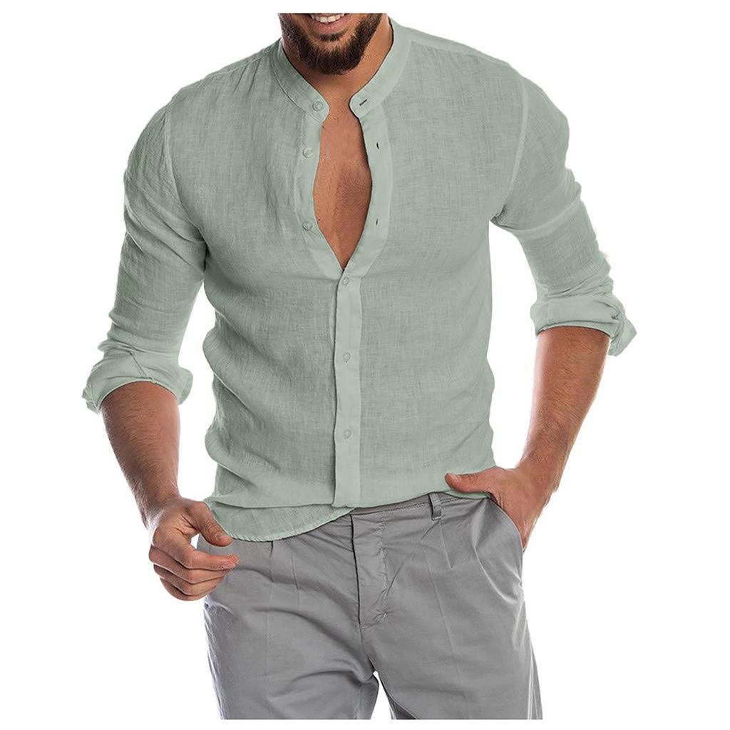 Мужская льняная повседневная рубашка с длинными рукавами без воротника с воротником-стойкой, летний топ