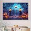 1 Halloween background with glowing pumpkin lanterns  flying bats  full moon  and door - no electricity required