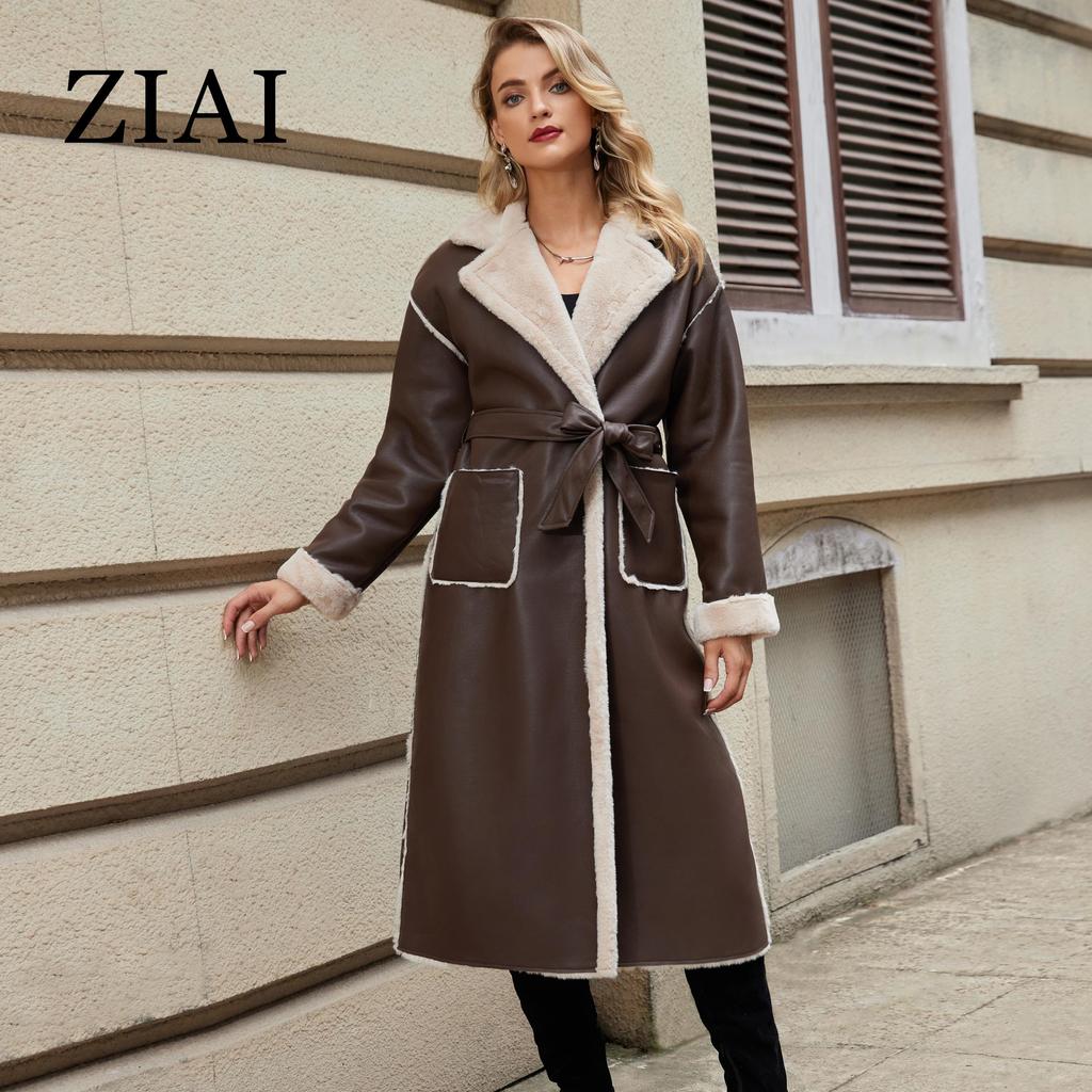 ziai 2024 Winter Faux Leather Jacket Women Long Warm Plush Fur Collar Padded Coat Fashion Pocket Cotton Female PU Parkas K18