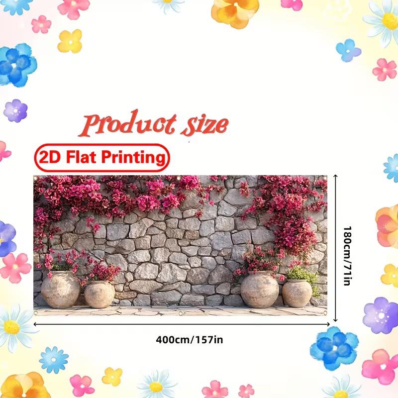 2D Blooming Bougainvillea Stone Wall Backdrop, 2D Flat Printing Background Cloth for Outdoor Events & Parties