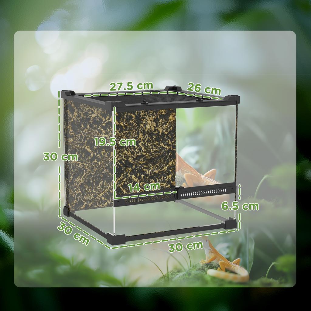 Reptile Glass Terrarium With Stone Background Front Ventilation Escape Proof Knob Lock 30 X 30 X 30 Cm Black