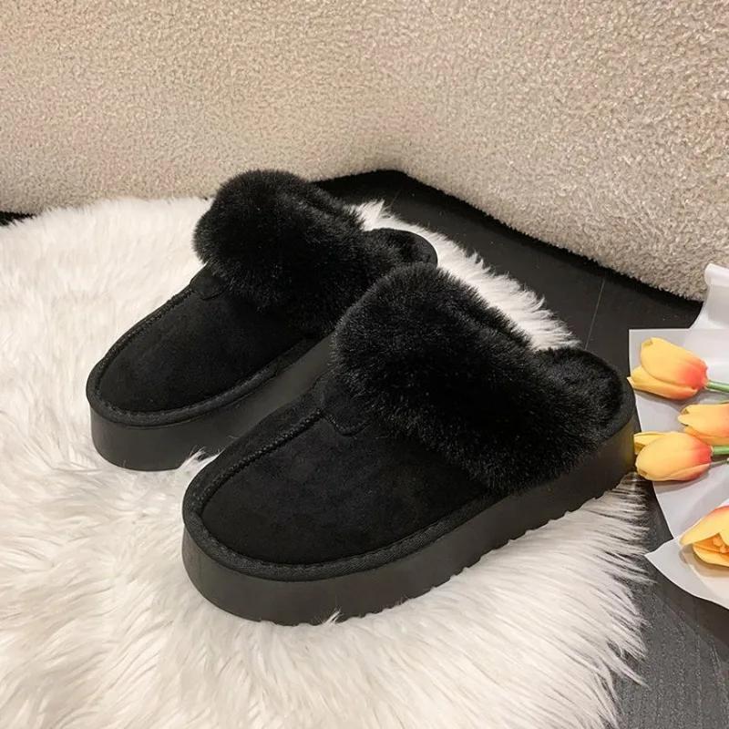 Зимние женские тапочки на платформе, теплые плюшевые тапочки, женские модные домашние и уличные пушистые замшевые мюли, женские зимние хлопковые туфли