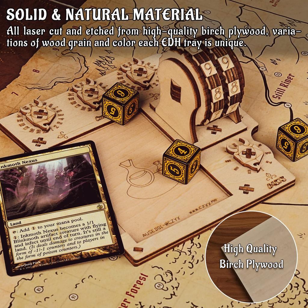 Commander EDH Command Zone Tray with Life Counter, Wooden, Compatible with Magic the Gathering (MTG)