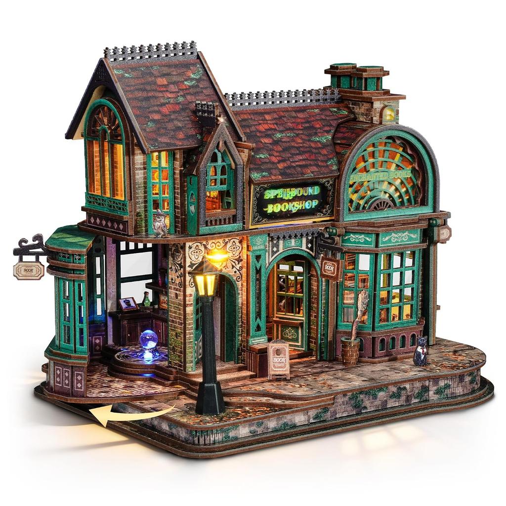 FUNPOLA Magic Bookstore V2 3D Wooden Puzzle LED Light Assembly Kit Advanced Level Difficult DIY Architectural Model Time Killer Adult Use Interior 447
