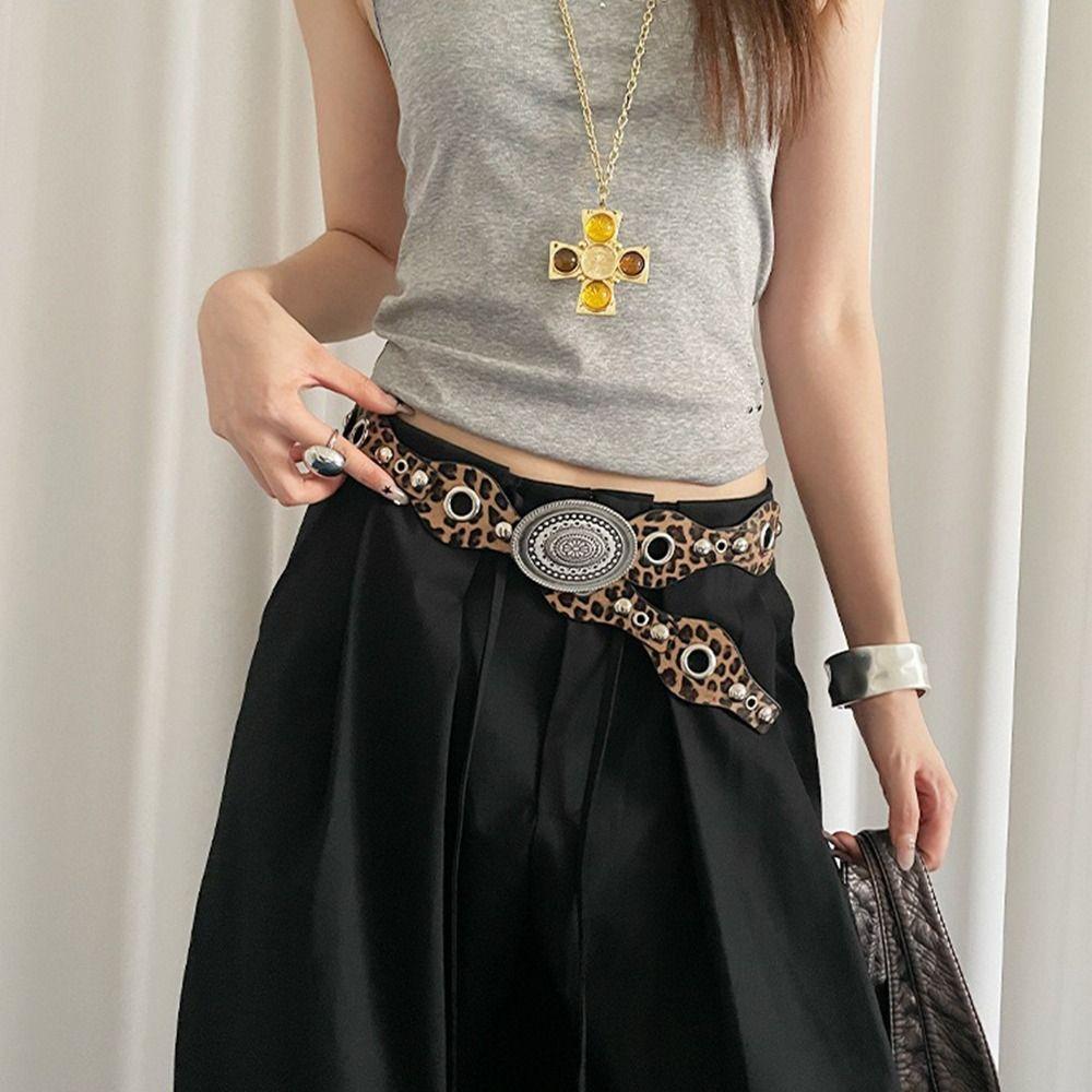 Vintage Women's Rivet Belt Leopard Dress Jeans Belt Leather Waistband  Waist Accessories