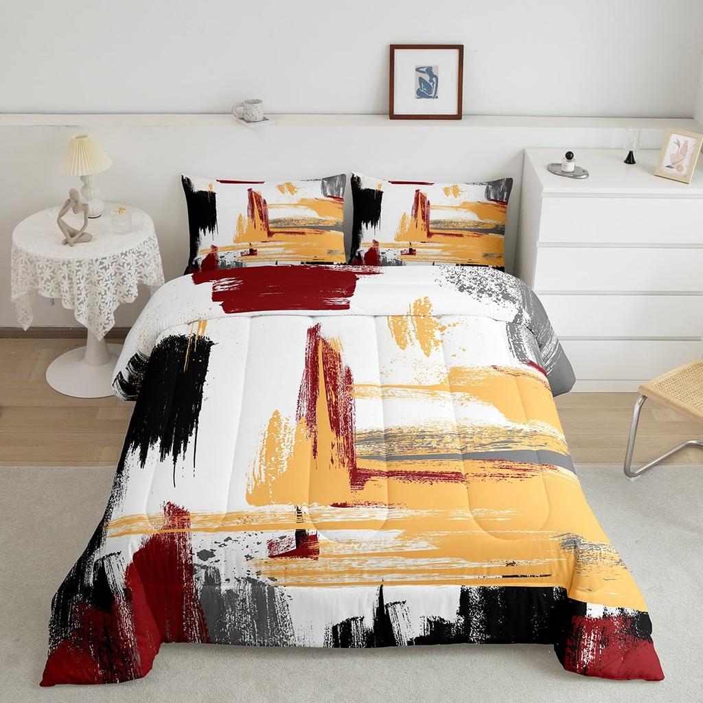 Erosebridal Contemporary Watercolor Bedding Set Queen for Boys Ink Painting Comforter Set,Grunge Abstract Duvet Insert Modern Art Duvet Set