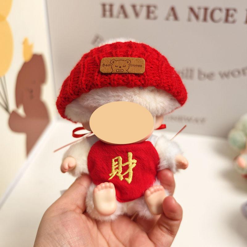 [Cloth  Only] Doll New Year Set Clothes for Plush Dolls,New Year's Lucky Belly Band + Hair Clip+Lion Dance Headgear.