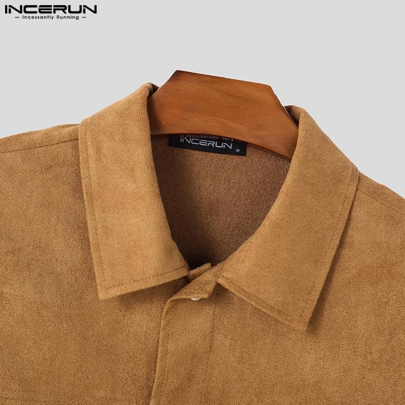 INCERUN Men Lapel Neck Long Sleeve Buttons Up Motorcycle Style Suede Jackets Coats