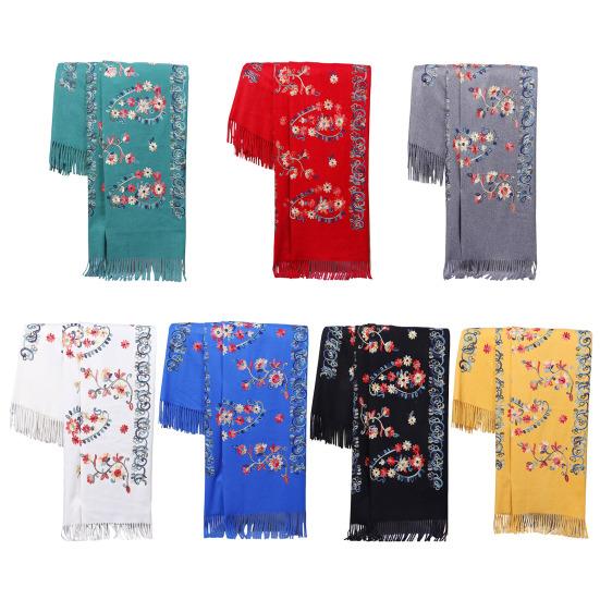 Winter Scarf Embroidery Flower Pattern Tassel Trim Long Scarf Ethnic Style Thickened Warm Women Shawl