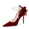 Сексуальные дизайнерские туфли Туфли из флока Тонкие туфли на высоком каблуке Роскошные туфли-лодочки Wine Red с острым носком Свадебные туфли с мелким жемчугом Zaptos Mujer