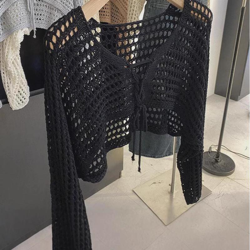 Полый короткий вязаный кардиган от солнца женский летний взрыв чистый на шнуровке ленивый шаль рубашка