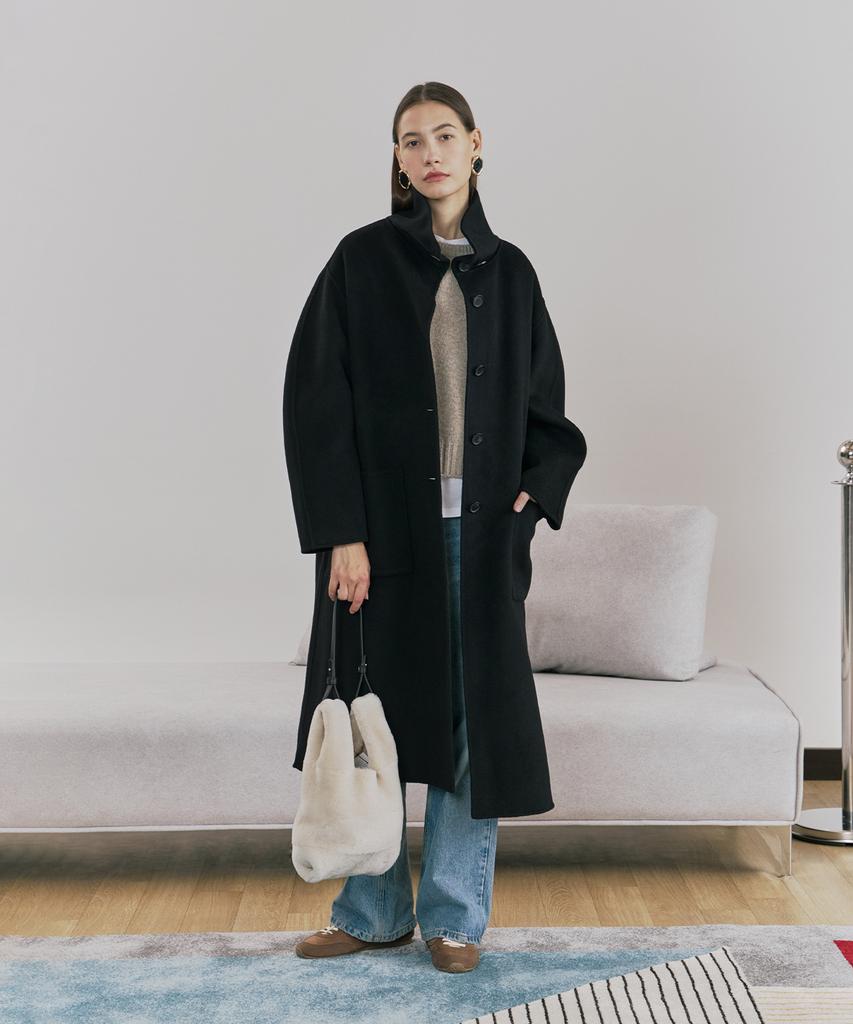 Pinblack Wool Handmade High-Neck Long Coat Black