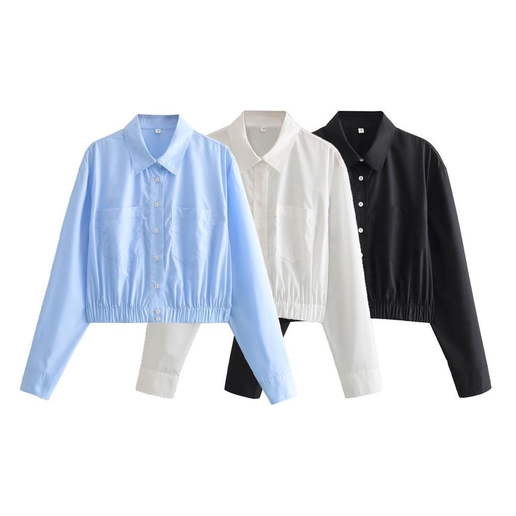 Spring 2024 Women's European & American Style Loose Turn-Down Collar Shirt: Elastic Waist, 3 Colors Available