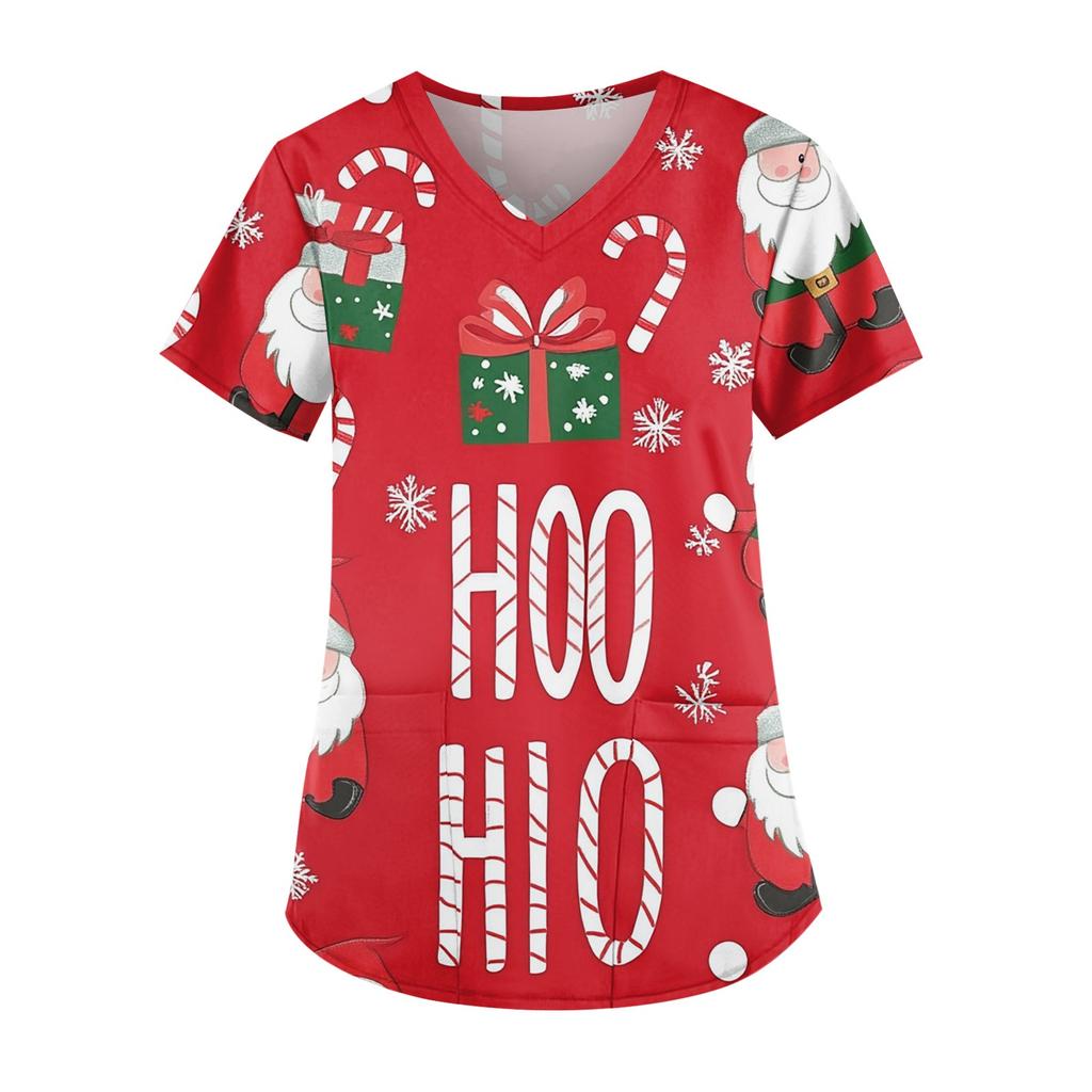 Рабочая форма больших размеров с принтом, топы для женщин, забавные футболки с v-образным вырезом и короткими рукавами, рабочая одежда, футболка с карманами