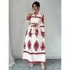 Fashion Vintage Long Sleeve Loose Casual Dresses Women Buttons Lapel A Line Printed Shirt Dress Women High Waist Lace-up Long Dress Spring New 25892