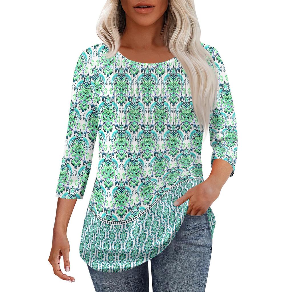 Women's Fashionable Casual Pleated Round Neck Casual Floral Print Seven Quarter Sleeved T-shirt Top