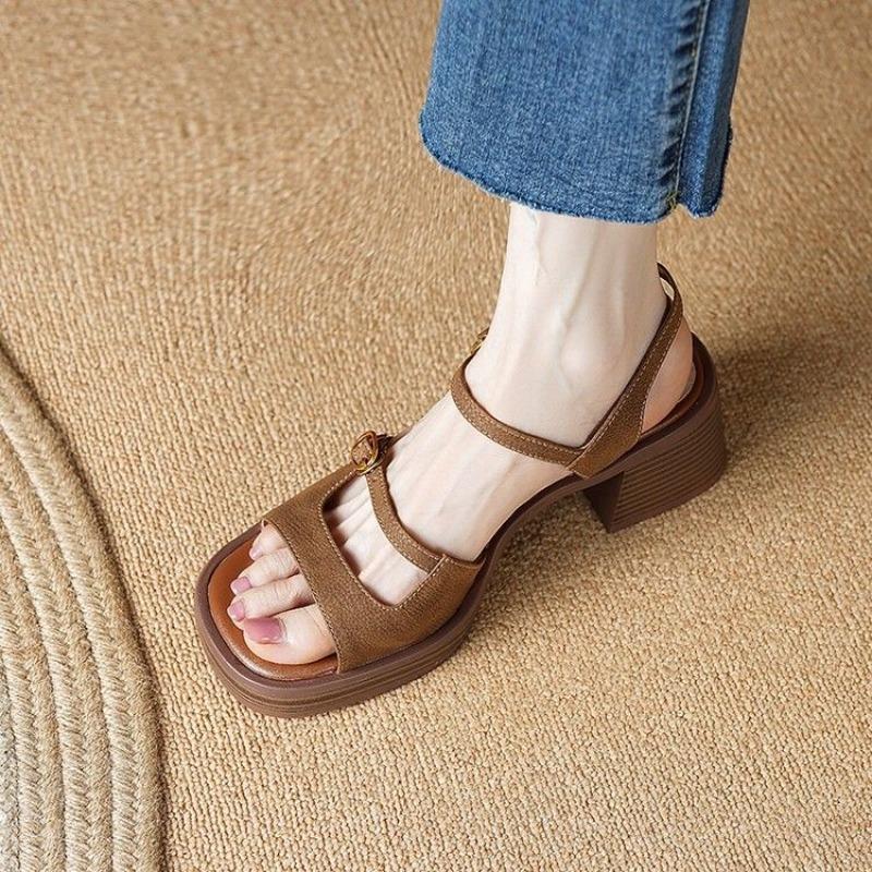 Fashion Woman Shoes Roman Style Beige Buckles Sandals for Women Dress Round Toe Tip Sabot Sandal 2024 Luxury Casual Original Trend Korea