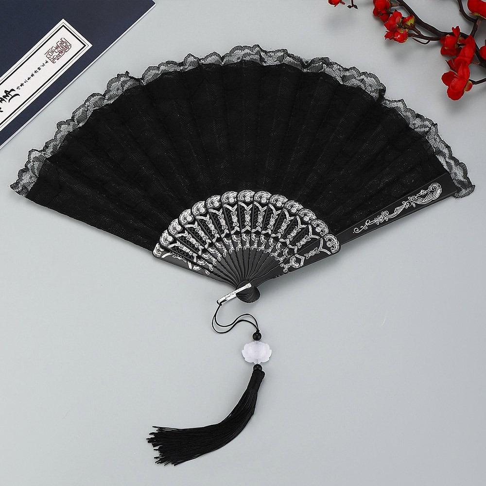Floral Pattern Folding Fan Tassel Lace Fan Fashion Handheld Fan Photo Props