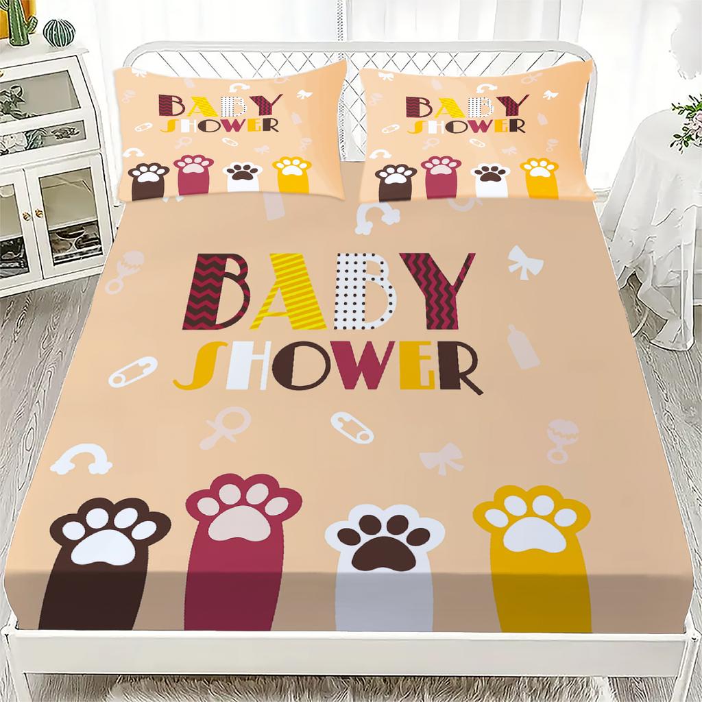 Набор из 3 предметов: Натяжная простыня с мультяшным принтом 'Розовые милые кошачьи лапки', 100% полиэстер, дышащий комплект постельного белья для домашнего декора, с 2 наволочками