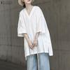 Women Casual V Collar 3/4 Sleeve Solid Color Loose Long Tunic Blouse