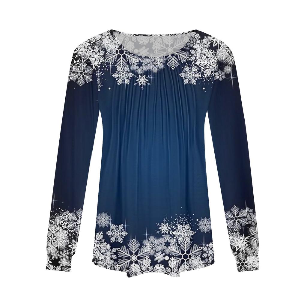 Long Sleeve Shirts For Women Tops Dressy Christmas Print Casual Blouses Pleated Scooped Neck Tunic Tops