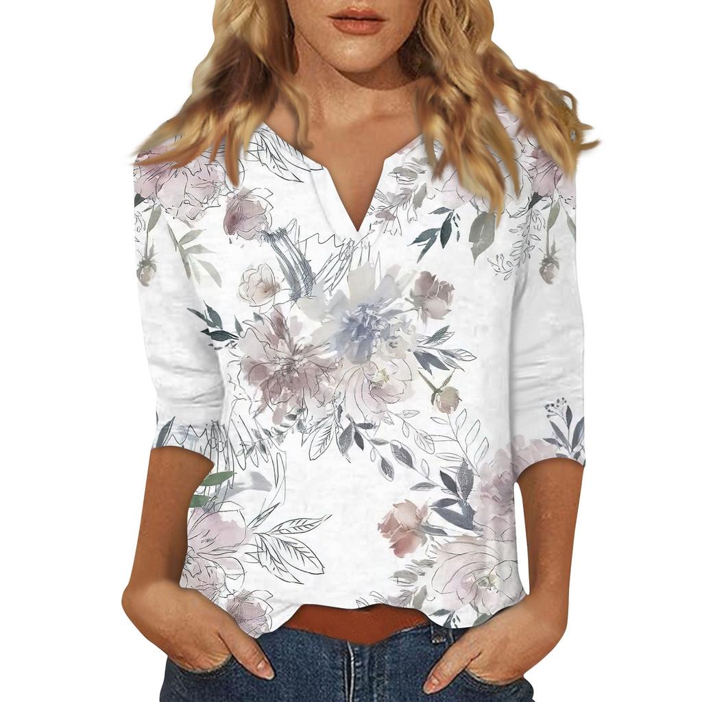 Women's Stand Collar 3/4 Sleeve Printed Top T-shirt