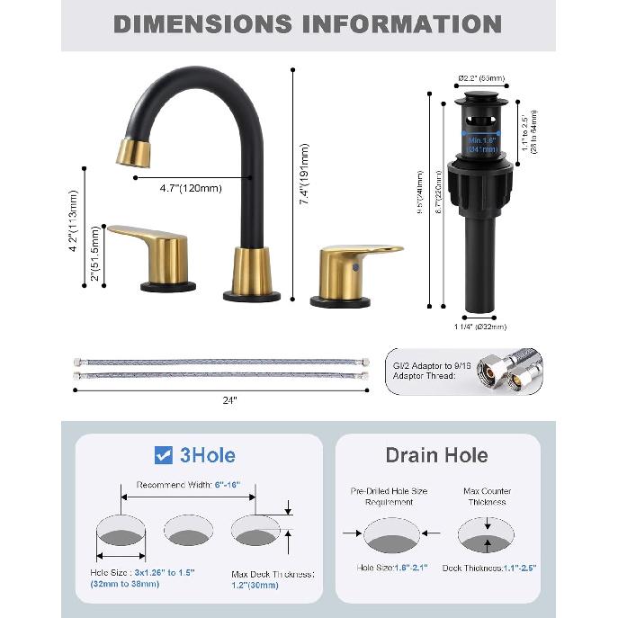 2 Handle 3 Holes Widespread Bathroom Faucet, Bathroom Sink Faucet with Copper Pop Up Drain, Black & Gold Lavatory Faucet Swivel Spout with Drain