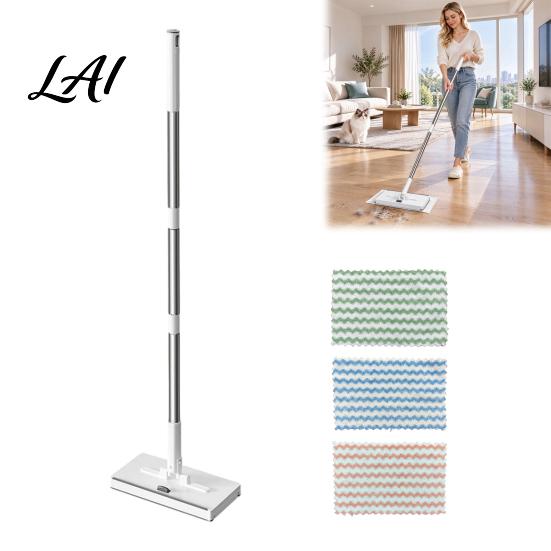 Flat Mop Kit Hands Free Clamp Kit with 1/3/5/10 Coral Fleece Pads Adjustable Handle Cloth Changing Dust Mop One Click Snap Grip Floor Cleaning Set