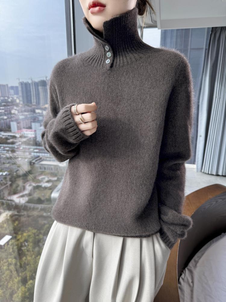 Women's Pure Wool Cashmere High Neck Pullover - Autumn/Winter Warm Long Sleeve Sweater