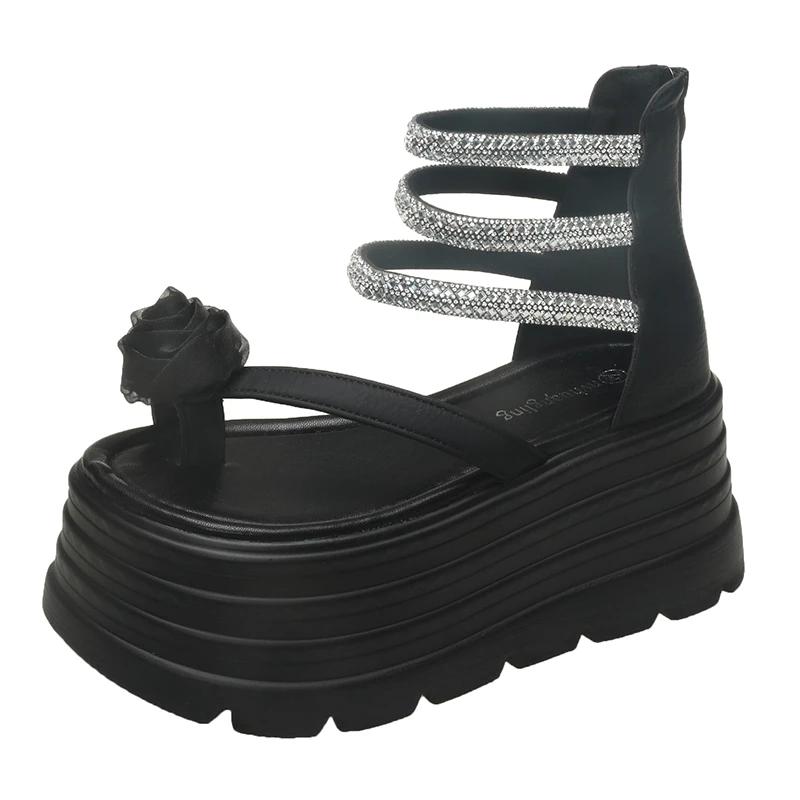 Мода 8 см Новые Летние Женские Сандалии на Высокой Платформе, Клинья, Блестящие Стразы, Модная Уличная Обувь, Массивные Сандалии, Пляжные Повседневные Шлепанцы для Женщин