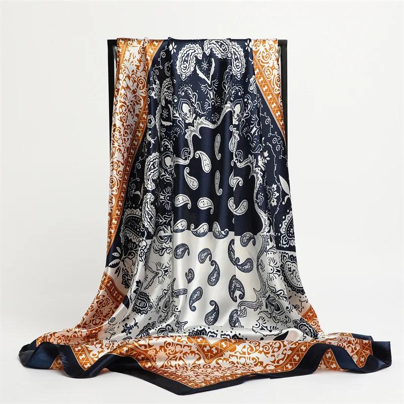 New Spring/Summer Orange Imitation Silk Neckerchief Outdoor Decoration Wraps for Women 90*90cm Cashew Print Square Scarf