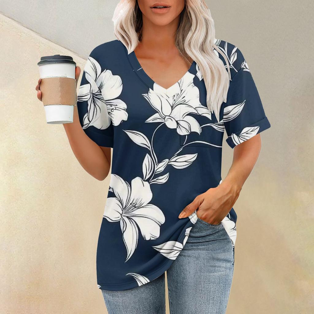 Women's Fashion Pocket V-neck Short Sleeve Plant Floral Print T-shirt Top