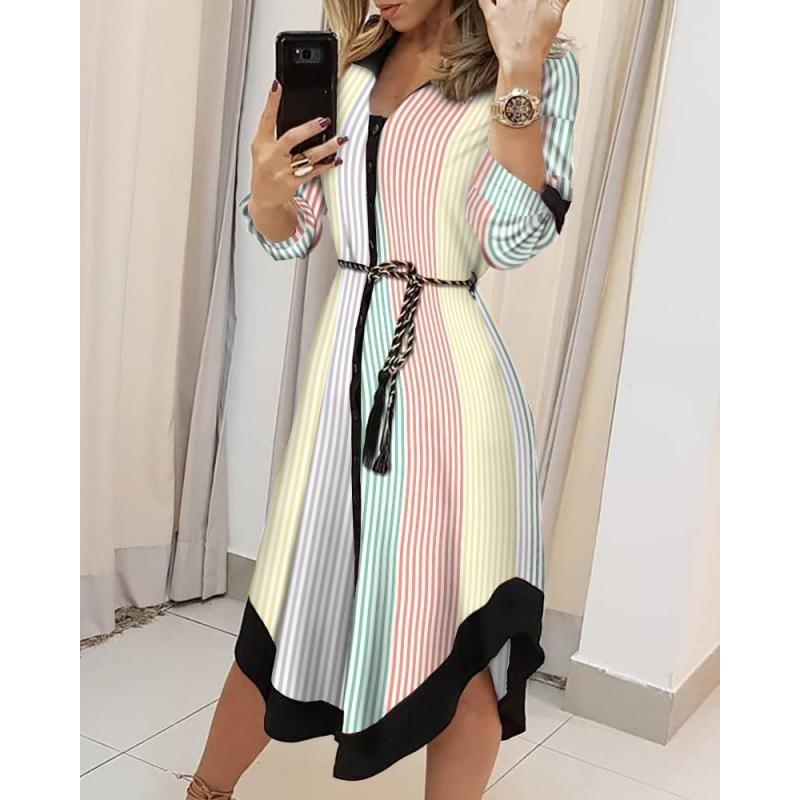 Summer Women's Temperament Printed Tie Blouse Mid-Length Dress