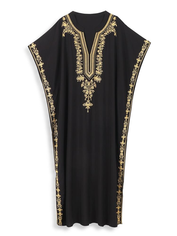 EDOLYNSA 2024 Women's Elegant Premium Gold Thread Embroidery Plus Size Kaftan Dress Summer Sexy Deep V Neck Short Sleeve Beachwear Swimwear Coverups